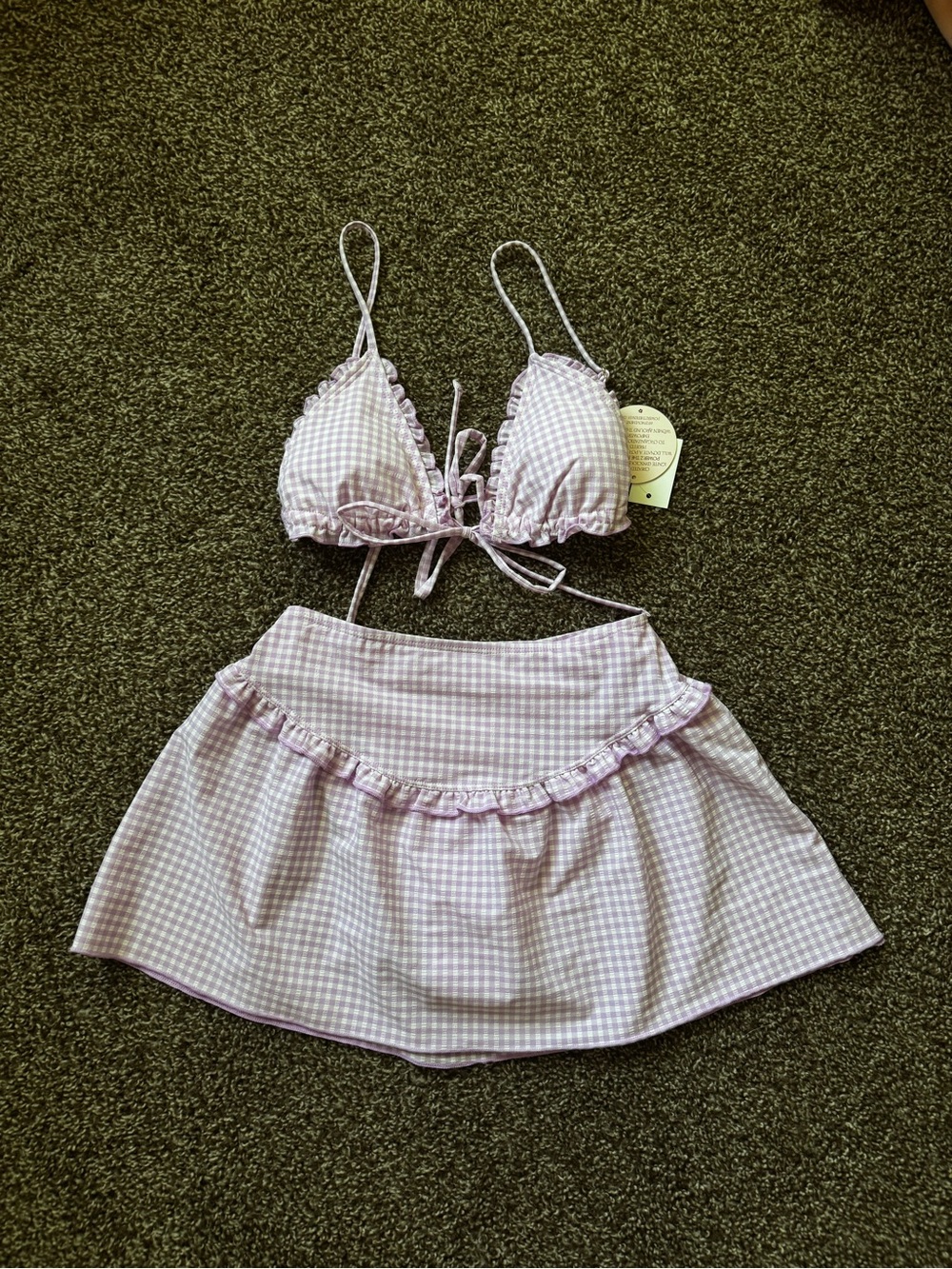 Power 2 The Flower Lilac Purple Gingham Bikini Top + Skirt Set XS/XXS NWT